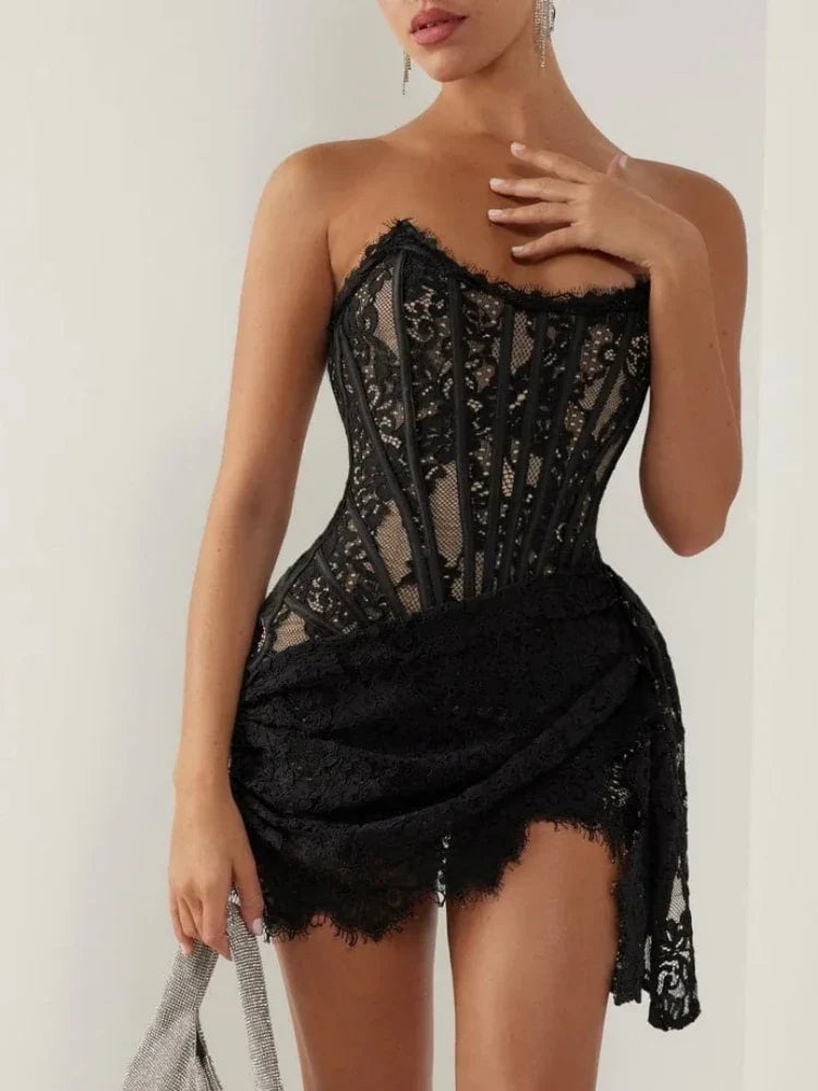 Black lace corset draped mini dress